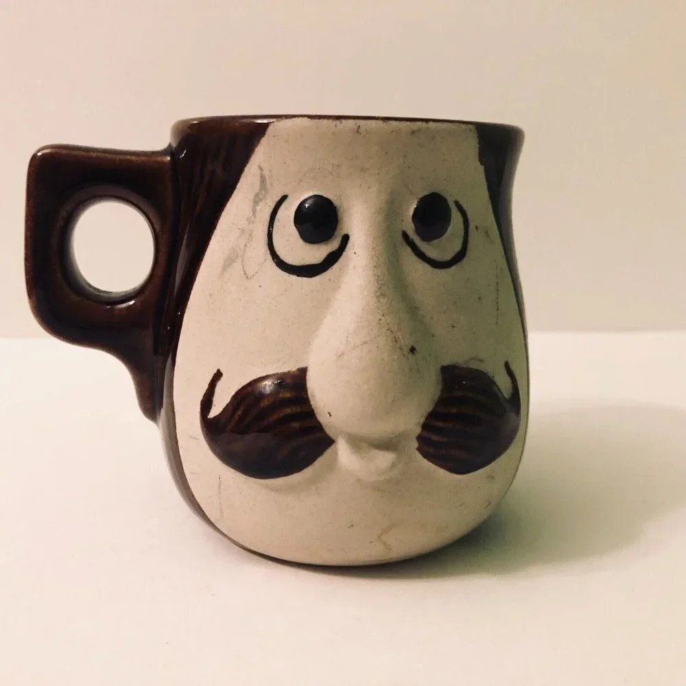 Vintage Mustache Guard Brown Mug Pottery Stoneware 3D Face Japan
